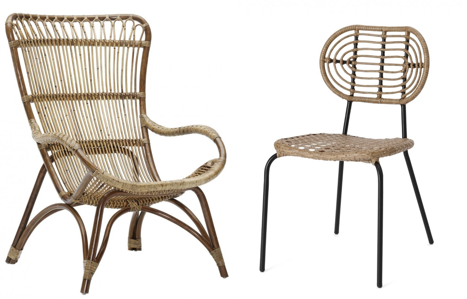 A gauche : Fauteuil Monet en rotin, 749 €. Sika Design sur Madeindesign.com. A droite : Chaises...