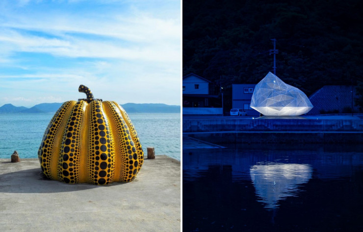 A gauche : Pumpkin de Yayoi Kusuma sur l’île-musée de Naoshima. A droite : Œuvre architecturale de Sou Fugimoto sur la même île.