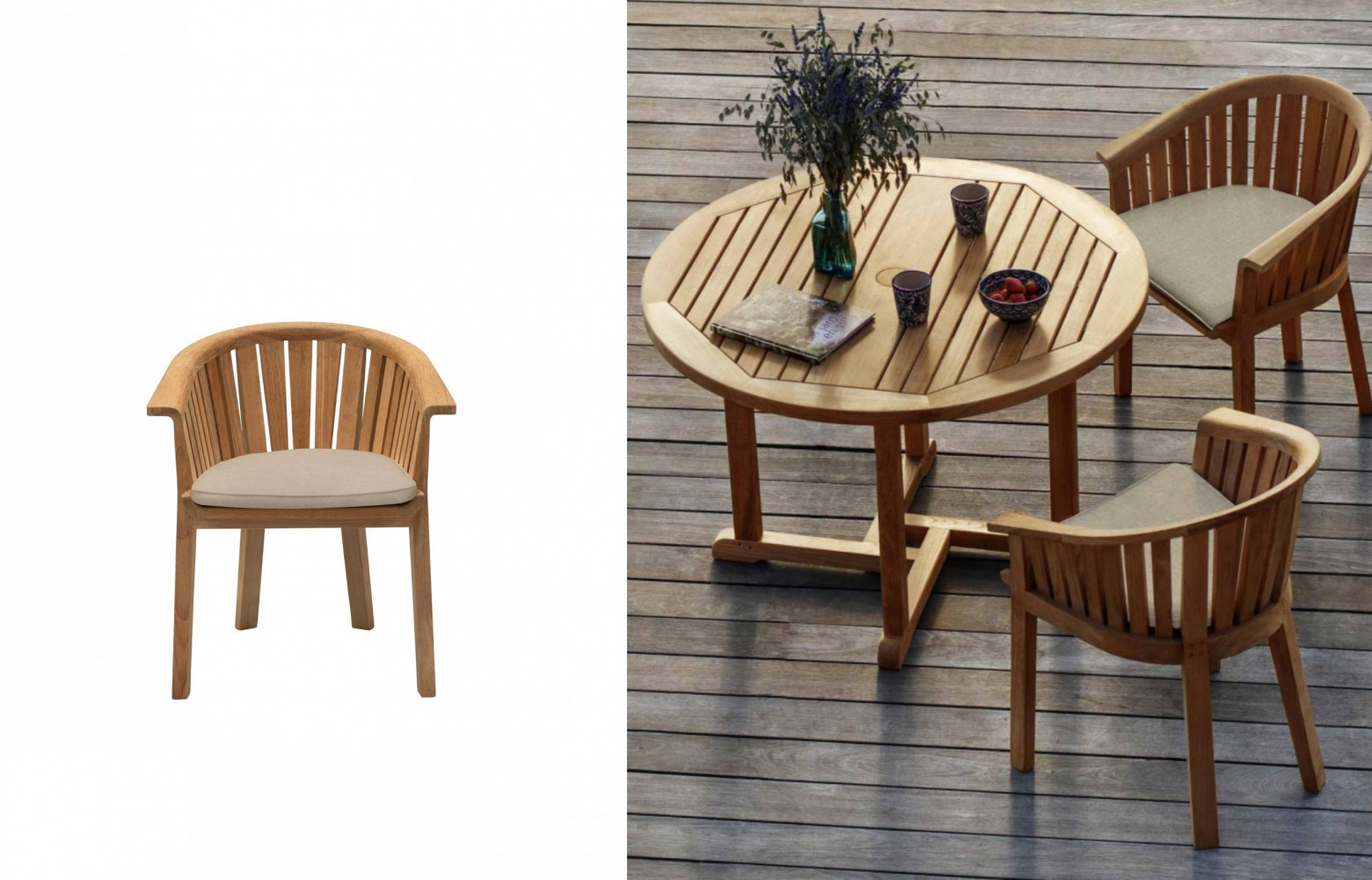 7/ Fauteuil Bridge Exeter en teck massif, coussin en acrylique, design Christophe Delcourt, 960 € (Tectona).