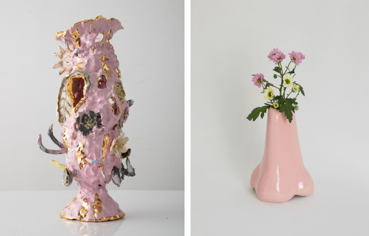 Vase en céramique de Katie Stout et vase en forme de nez du studio BNAG. Ces deux artistes ont ce point commun de proposer des pièces à l’esprit Pop.