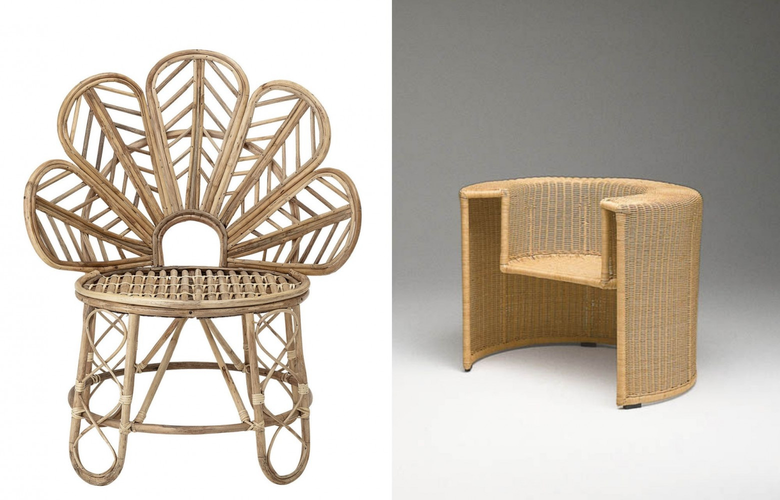 A gauche : Fauteuil Emmy/Rotin, Bloomingville, 399 €. A droite : Fauteuil Charlotte/Rotin, Horm. 1 723 €.