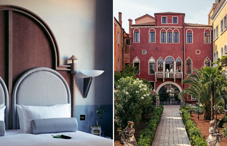 A gauche : Les 32 chambres et suites accueillent les voyageurs dans un décor sobre et coloré où le style Renaissance rencontre le mouvement Memphis. A droite : L’entrée principale du Palazzo Experimental.