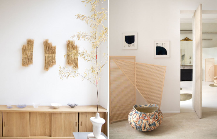 A gauche : Appliques en ramie tissées par « l’artiste de paille » Arko basée à Tokyo. A droite : Paravent réalisé par le maître Tategu Seihachi Tanaka associé au studio BCXSY.