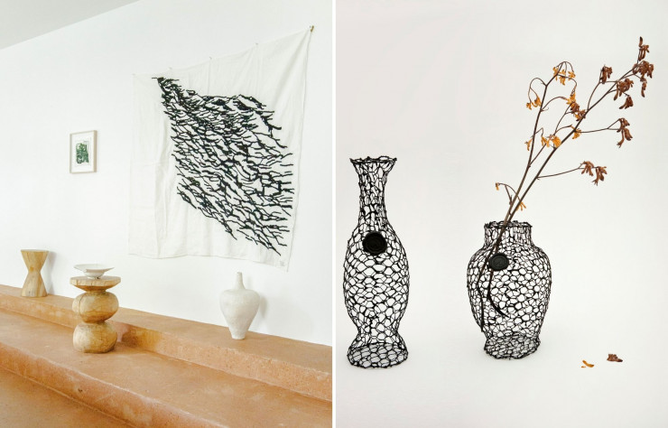 Sur les deux images : Toile brodé et vases graphiques de l’artiste plasticienne Rieko Koga.