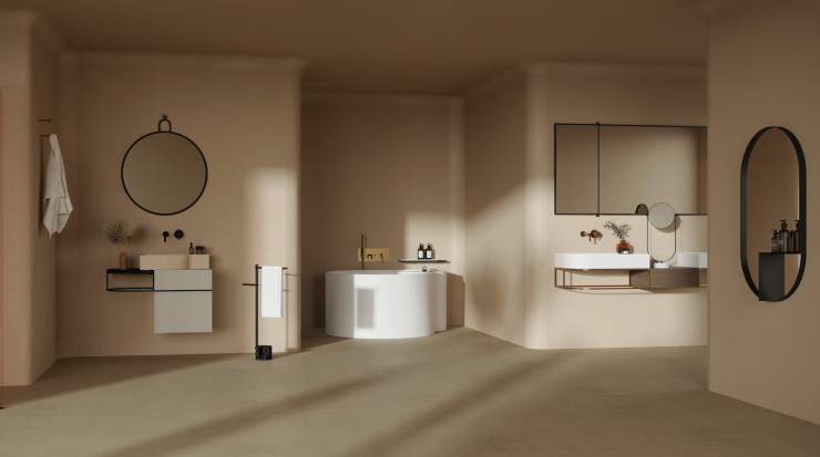La collection, dévoilée pour la première fois lors de Maison&Objet en janvier 2019, s’est régulièrement enrichie de différents accessoires de salle de bain : porte-serviettes, patères, étagères et deux miroirs.