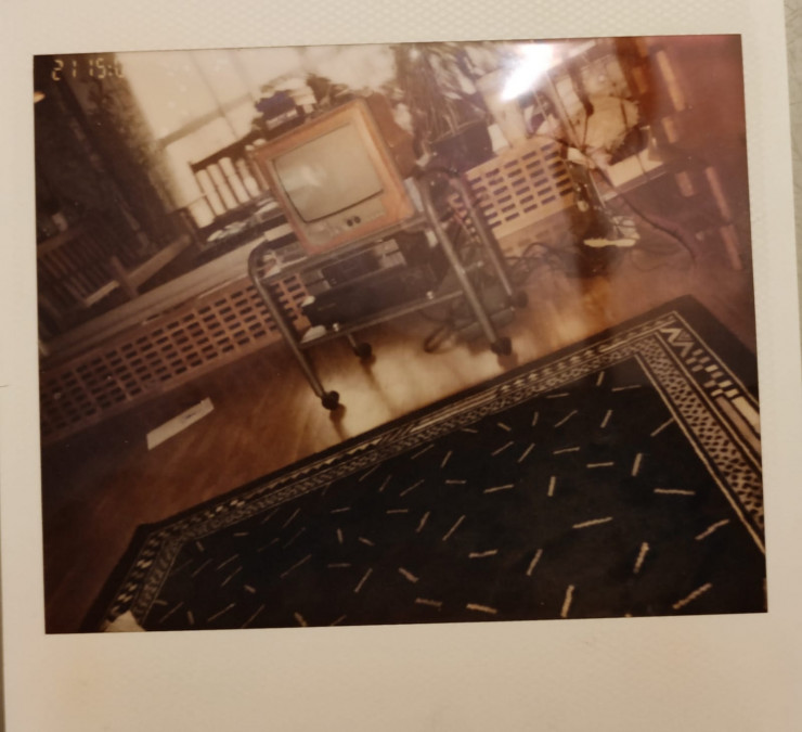 Polaroid du tapis Andrée Putman présent dans l’appartement d’enfance d’Arthur Teboul. On remarque aussi un classique du design, la TV dessinée par Philippe Starck pour Saba !
