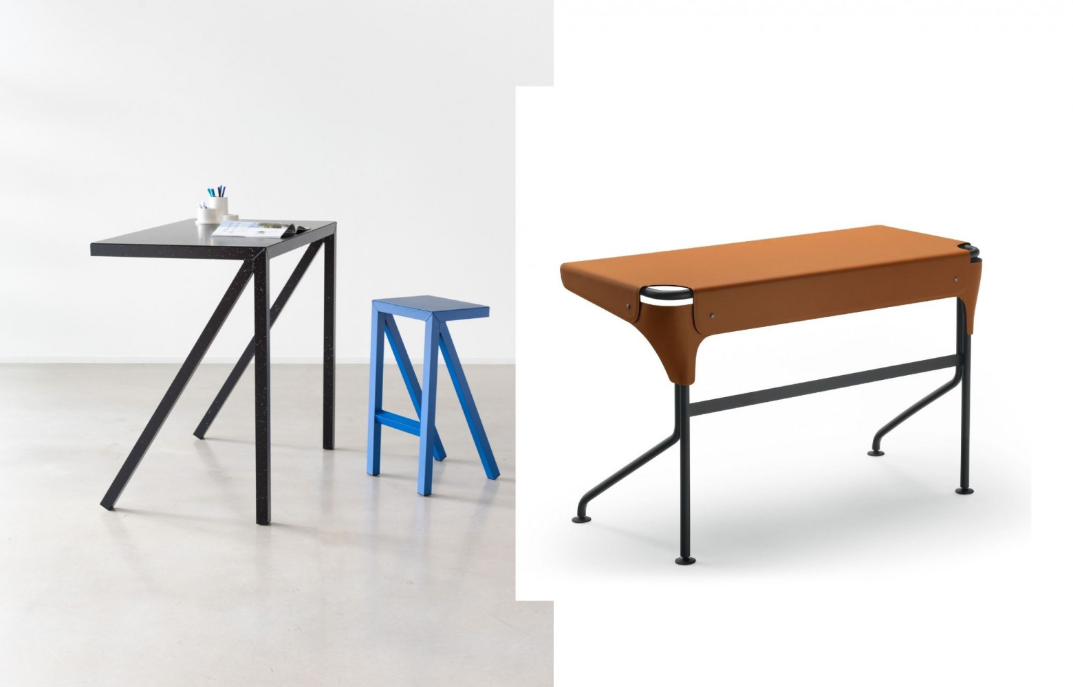 A gauche : Bureau et tabouret Bureaurama en aluminium et en polyester, design Jerszy Seymour, respectivement 930€...