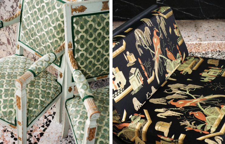 De gauche à droite :  Chaises tapissées du tissu Scarabeo, coloris jade. Le trissu This Must Be The Place en modèle coromandel.