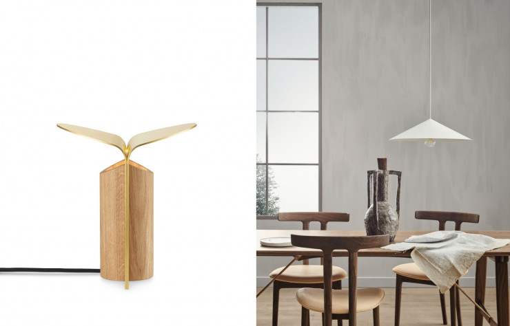 A gauche : La lampe RF200 ou Petal Lamp, une nouveauté signée de la Danoise Rikke Frost. A droite : Les chaises OW58 ou T-Chair, dessinées par Ole Wanscher, designer déterminant de l’histoire du design danois, qui a enseigné à l’Académie royale des beaux-arts du Danemark, à la suite de Kaare Klint, un pionnier de la discipline.