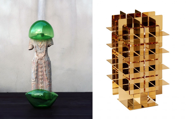 A gauche : Bubble-Game de Zhuo Qi en pierre et verre souflé. A droite : Le Cube 5 par le studio Mydriaz.