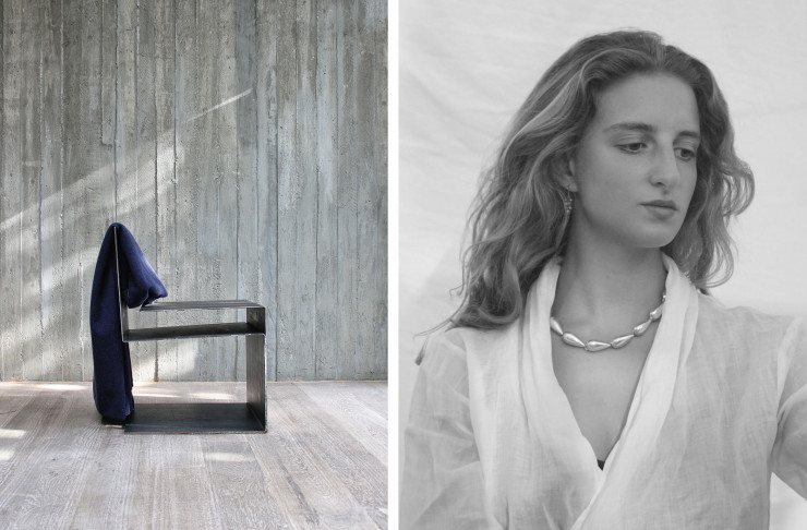 À gauche, chaise de Dionisis Sotovikis. À droite, portrait de Katerina Papanikoulopoulos, fondatrice du Athens Design Forum.