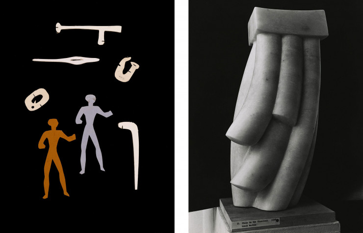 À gauche, étude des costumes et décor par Isamu Noguchi pour « Orpheus » de George Balanchine, 1948, archives du Noguchi Museum. À droite, « Study in the Classical », sculpture en marbre par Isamu Noguchi, 1958.