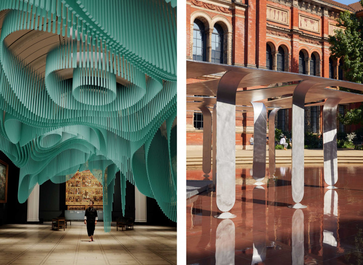 À gauche, Installation Medusa, de l’architecte japonais Sou Fujimoto et du studio Tin Drum. À droite, structure de 27 feuilles d’aluminium pliées par Nebbia Works