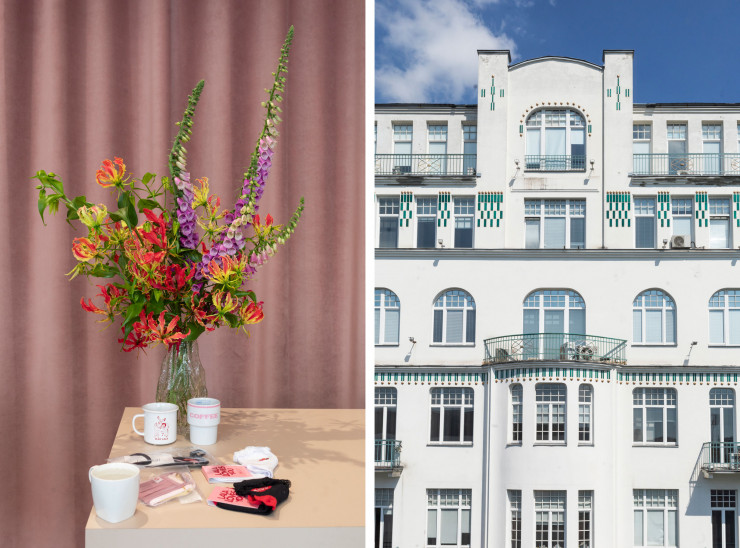 A gauche, bouquet de fleurs dans la boutique PNLY LALA. A droite, vue de l’hôtel Puro, à Varsovie.