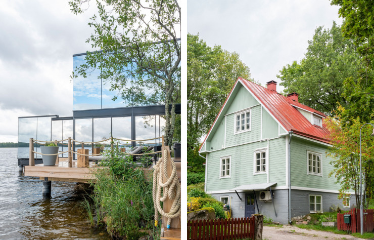 A droite : En plein nature, les chambres des Mirror Houses prennent place des petites constructions en bois. A gauche : La quartier Anttilanmäki est un havre de paix composé de maisons en bois colorées.