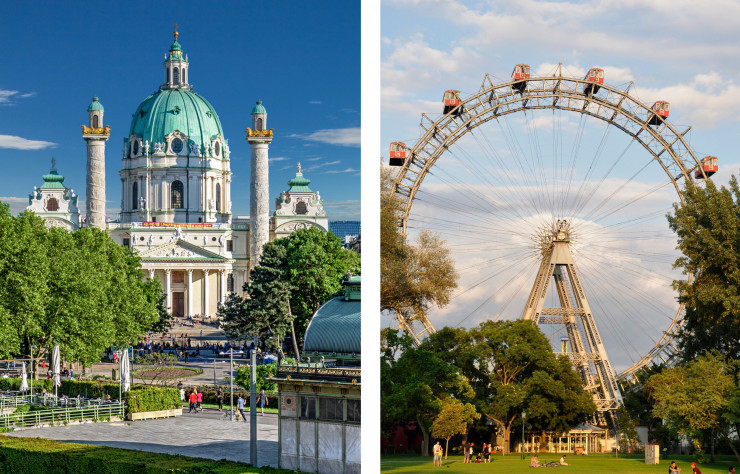 A gauche : L’église Saint-Charles-Borromée datant de 1713. A droite : La grande roue de Vienne située à l’entrée du parc d’attraction.
