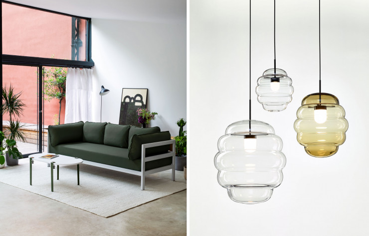 La dernière collection de sofa « Easy » (2021) chez le jeune éditeur français Tiptoe. (à gauche) / Luminaires Blimp (2019) soufflés par la manufacture de cristal tchèque Bomma. (à droite)