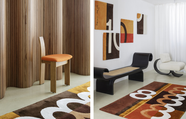 Un aperçu de l’exposition dédiée aux couleurs du design brésilien qui s’est tenue dans le showroom milanais d’ETEL en septembre 2021. A gauche : Tripeça Chair (Daciano da Costa). A droite : banc Marquesa (Oscar Niemeyer), tapis Penta (Daciano da Costa), fauteuil Alta (Oscar Niemeyer).