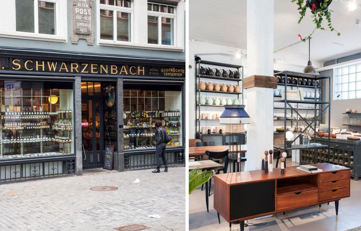 Swarzenbach, la référence zurichoise en matière de café, thé et chocolat depuis plus de cent ans (à gauche) / Chez Walter Möbel & Wohnaccessoires, une très belle sélection de mobilier et d’objets coordonne design et vintage (à droite).