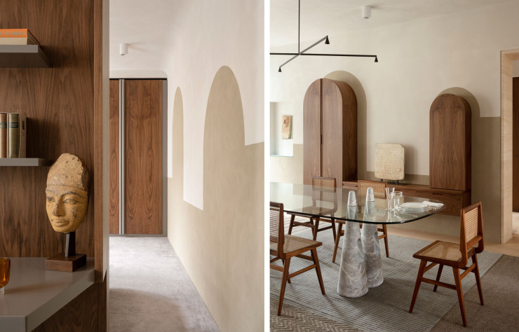 Dans cet appartement, la table Alborz, composée de marbre Fior di Pesco et de verre trempé, est une création de l’architecte.