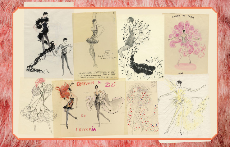 Esquisses et croquis de costumes imaginés pour le célèbre numéro de music-hall de Zizi Jeanmaire, « Mon truc en plume », 1961.