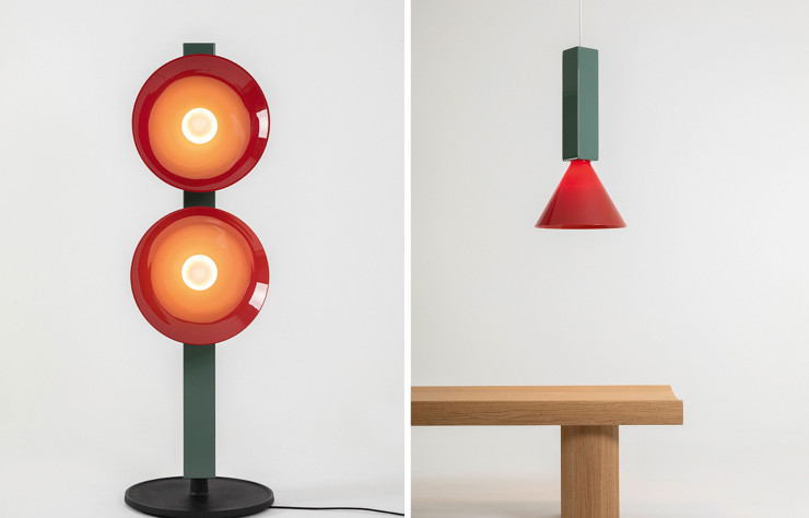 Le lampadaire Signal R Polychromatic et ses deux cônes lumineux en verre de Murano (à gauche). / La suspension Signal C1 Polychromatic éclaire le banc Hakone (Galerie Kreo, 2016), aussi signé des deux designers, d’un jour nouveau (à droite).
