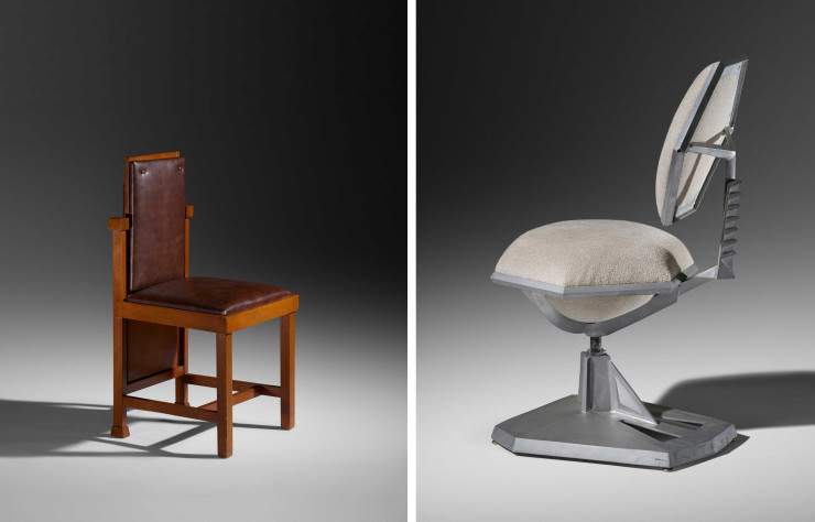 A gauche, chaise en noyer et cuir, 1912, AVERY COONLEY PLAYHOUSE, Riverside, Illinois. A droite, chaise en aluminium et tissu, 1956, PRICE TOWER, Bartlesville, Oklahoma.