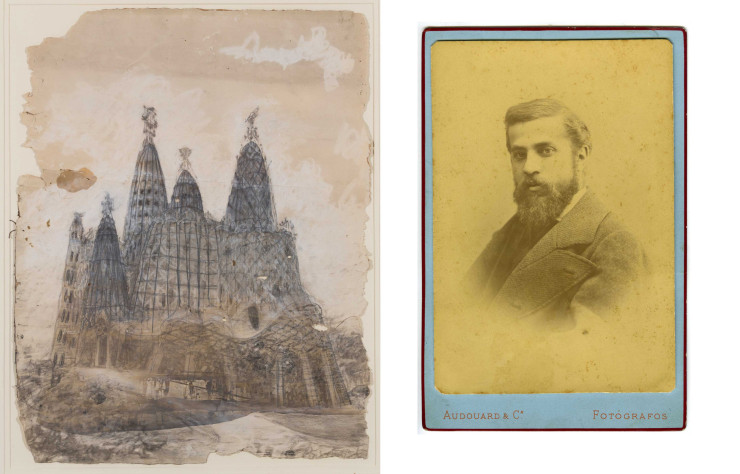 A gauche, Antoni Gaudi, projet pour l’église de la Colonie Güell, 1908-1910, Barcelone, Museu Nacional d’Art de Catalanuy. A droite, portrait de Gaudi.