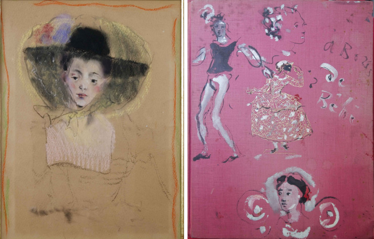 Dessin pour Nina Ricci, pastel et aquarelle sur papier, 48 x 36 cm (à gauche). / Couverture du livre Meister des Ballets, d’André Levinson, signée et dédicacée (circa 1930) (à droite).