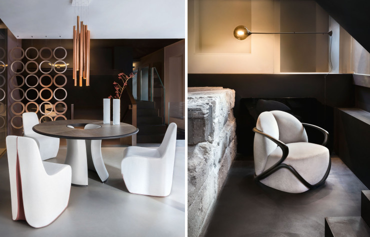 Dans son showroom, Giorgetti présente le paravent en cuir Borealis, de Roberto Lazzeroni, et le fauteuil de la collection « Montgomery », de Dainelli Studio, deux créations emblématiques d’un savoir-faire séculaire.