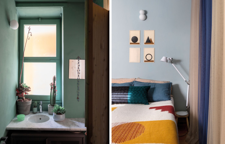 Dans la salle de bains, le vert domine (à gauche). /  Sur le lit, couverture en laine Framework de Yanyi Ha (ZigZagZurich). Coussin brodé Lindell & Co (à droite).
