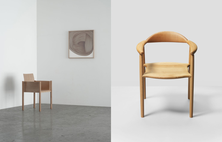 A gauche, fauteuil Kawara, à droite, fauteuil Musubi dessinés par Ronan et Erwan Bouroullec pour Koyori.