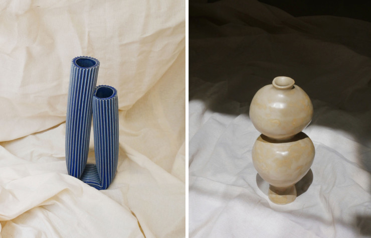 A gauche, le vase courbé du studio Biskt / A droite, Tonfisk fait place à la volupté.