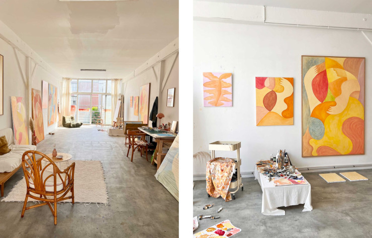 C’est dans ce grand et lumineux atelier que Zahra Holm compose ses toiles. Véritable cocon, il est ponctué de meubles chinés qui contribuent à rendre l’espace chaleureux et propice à la création.