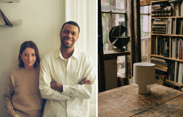 Portrait d’Allan Marcin et Hannah Agid, à la tête de la marque Bien Paris. A droite, modèle blanc naturel