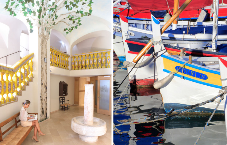 Vue de l’intérieur de l’hôtel Byblos (à gauche). / La Société nautique de Saint-Tropez réunit pointus et autres embarcations méditerranéennes typiques lors des Voiles Latines en mai.