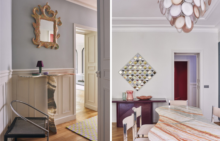 A gauche : la console en marbre qui réinvente l’entrée de cet appartement parisien revu par Uchronia. A droite : la salle à manger où un miroir à multiples facettes incise la rondeur du mobilier.