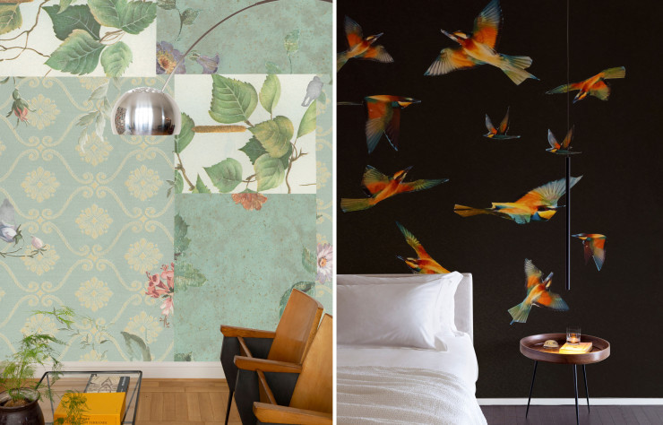 À gauche, le patchwork 1 : 5de Donatella Spaziani . À droite, le papier peint Black & Birds de Liliana Moro.