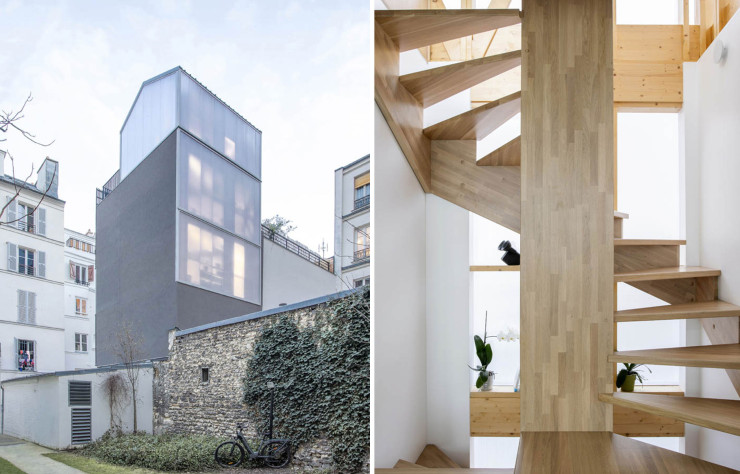 Le trophée Extensions et Réhabilitation Archinovo 2022 est également attribué à Java Architecture pour cette maison parisienne surélevée de deux niveaux, avec de vastes ouvertures à volets en bois.