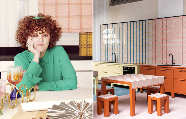 Portrait de la designer. Les éléments mobiliers de Very Simple Kitchen habillés des atours imaginés par Serena Confalonieri se déclinent selon trois nuanciers gourmands.