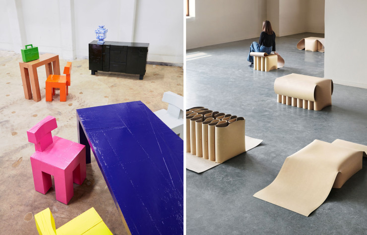 A gauche, mobilier « Work in Practice» de Pepijn Van Otterlo, à droite, mobilier en linoleum de Lina Chi.