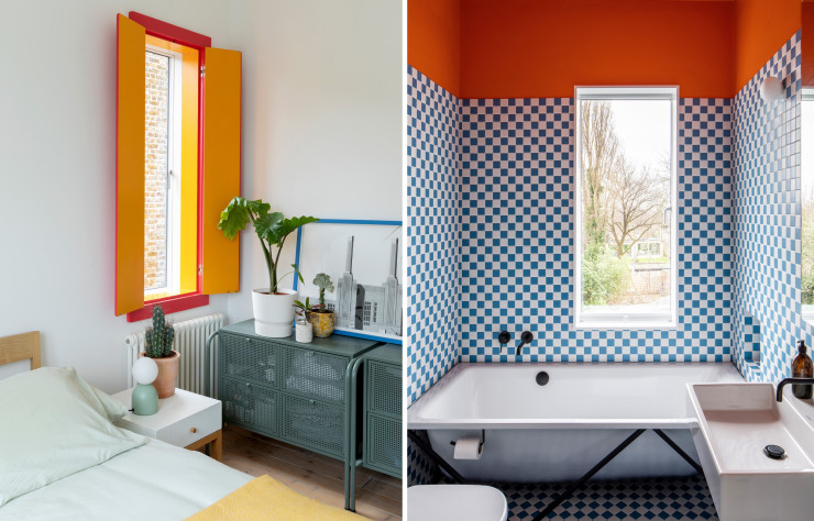 Dans la seconde salle de bains, les carreaux bleus et blancs s’entrechoquent avec l’orange vif, une pièce détonnante ! Baignoire Kaldewei. À droite,  La fenêtre aux tons vifs réveille la chambre d’amis. Commodes Nikkeby (IKEA).