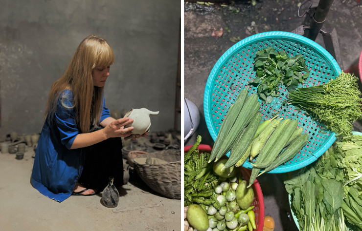 A gauche, Alicja Patanowska est la troisième participante au workshop cambodgien. A droite, le marché central de Phnom Penh a été une porte d’entrée fascinante vers la culture cambodgienne.