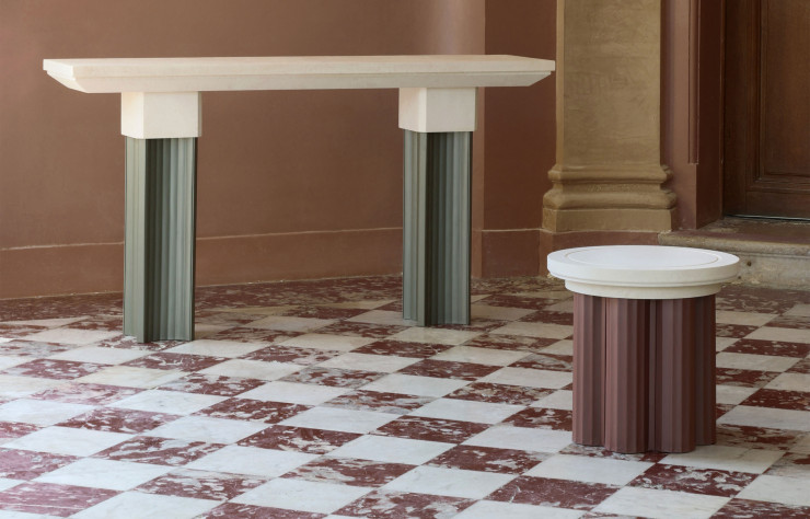 À partir de pierre et de zinc, Miles Le Gras imagine «Grands Boulevards », une série de mobilier qui vacille entre architecture et design. Il est l’un des finalistes de Design Parade Hyères 2023.