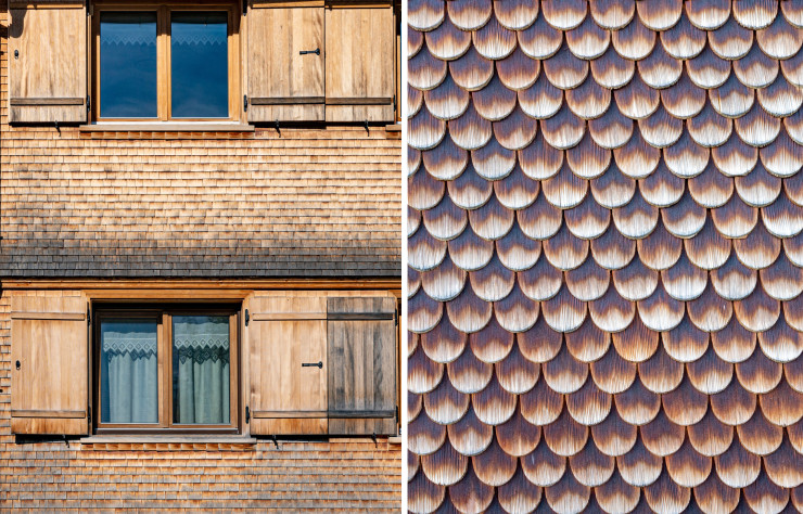 La cohabitation entre tradition et modernité est la signature architecturale de la région. À droite, exemple d’une façade typique de l’architecture locale, caractérisée par la mise en œuvre soigneuse de tavaillons de bois.