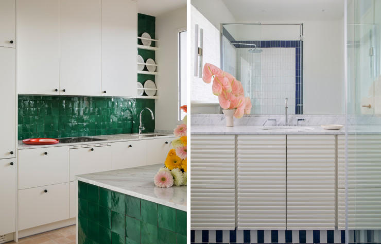 Des carreaux verts émaillés ont été utilisés dans la cuisine tandis que la salle de bain est pavée de rayures bleues et blanches. 