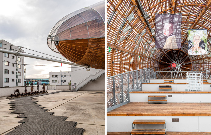 DOX Centre d’art contemporain est coiffé par l’œuvre Gulliver Airship, un zeppelin de 42 m de long, réalisée par le studio Hut’ Architektury Martin Rajniš, qui invite à l’imaginaire.