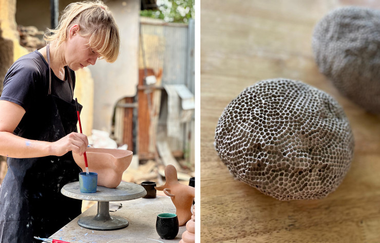 Alicja Patanowska en plein processus de création au Cambodge. A droite, dessous d’un bol pensé comme la pierre de lave visible sur les murs du temple d’Angkor.