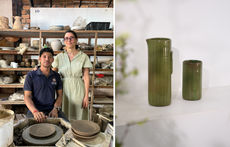 A gauche, la céramiste Anne Xiradakis pose aux côtés de Sayhak, l’un des artisans qui encadre les ateliers au Cambodge. A droite, carafe et verre par Anne Xiradakis.