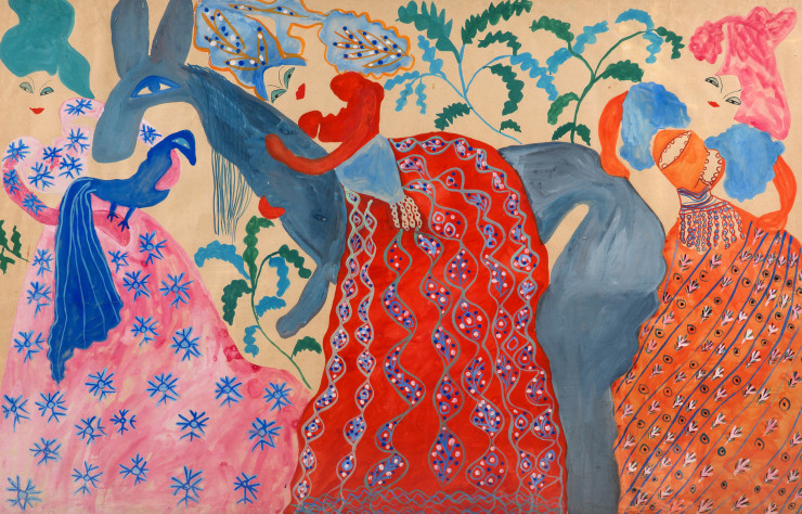 L’Âne bleu (vers 1950), de Baya, gouache et aquarelle sur papier, 100 x 150 cm. Collection Kamel Lazaar Foundation.